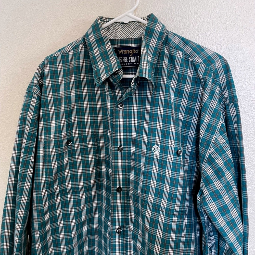 Wrangler Men's XL George Strait‎ Green White Plaid Long Sleeve Button Up